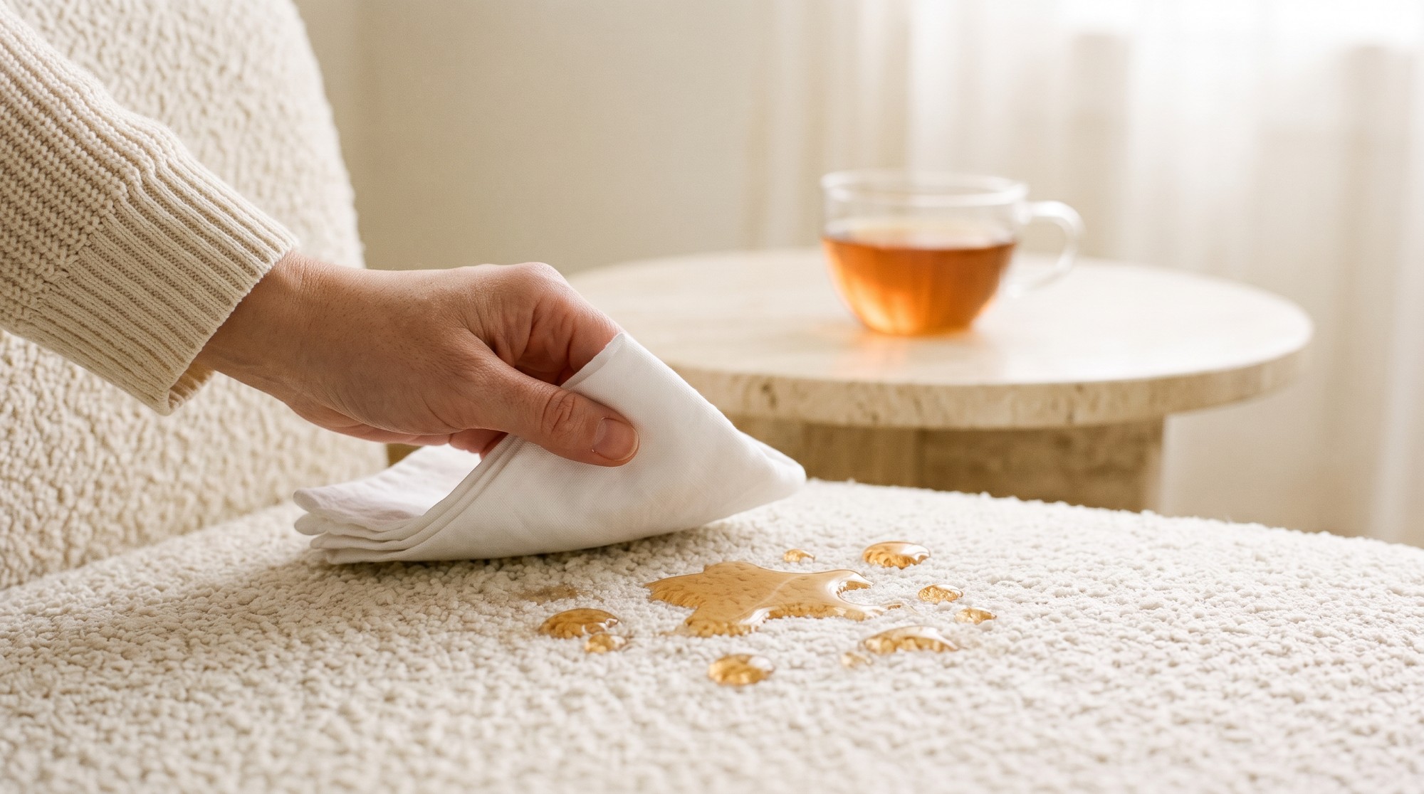 茶水停在布面上，正要用布擦拭